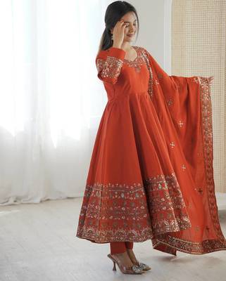 Orange Color Embroidery Sequence Work Roman Silk Gown Set 2