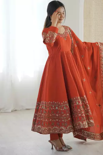 Orange Color Embroidery Sequence Work Roman Silk Gown Set