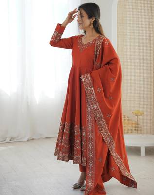 Orange Color Embroidery Sequence Work Roman Silk Gown Set 3