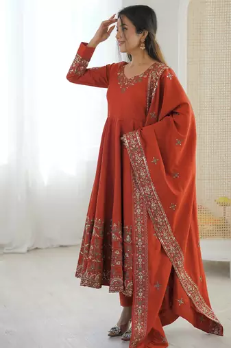 Orange Color Embroidery Sequence Work Roman Silk Gown Set