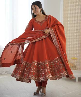 Orange Color Embroidery Sequence Work Roman Silk Gown Set 4