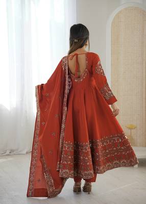 Orange Color Embroidery Sequence Work Roman Silk Gown Set 5