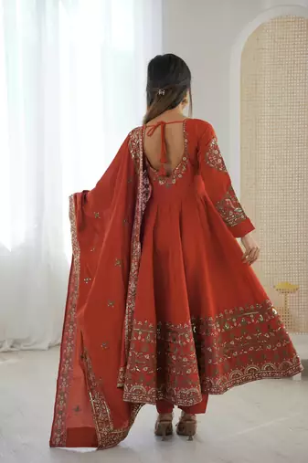 Orange Color Embroidery Sequence Work Roman Silk Gown Set