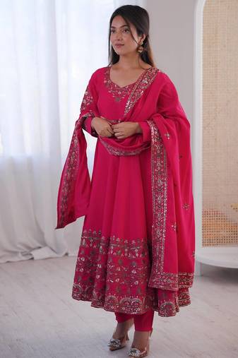 Rani Pink Color Embroidery Sequence Work Roman Silk Gown Set