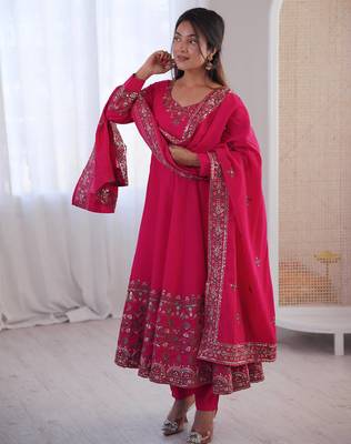 Rani Pink Color Embroidery Sequence Work Roman Silk Gown Set 2