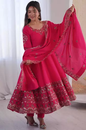 Rani Pink Color Embroidery Sequence Work Roman Silk Gown Set