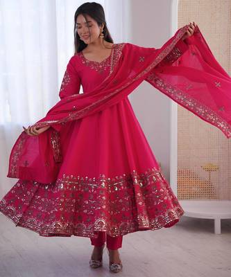 Rani Pink Color Embroidery Sequence Work Roman Silk Gown Set 4