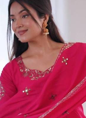 Rani Pink Color Embroidery Sequence Work Roman Silk Gown Set 5