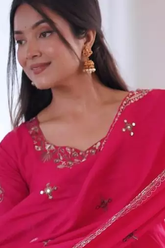 Rani Pink Color Embroidery Sequence Work Roman Silk Gown Set
