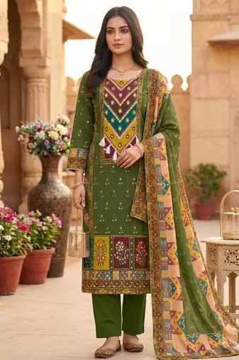 Green digital printed with real mirror-work kurta set