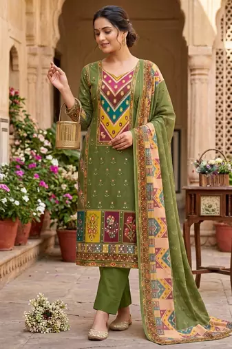 Green digital printed with real mirror-work kurta set
