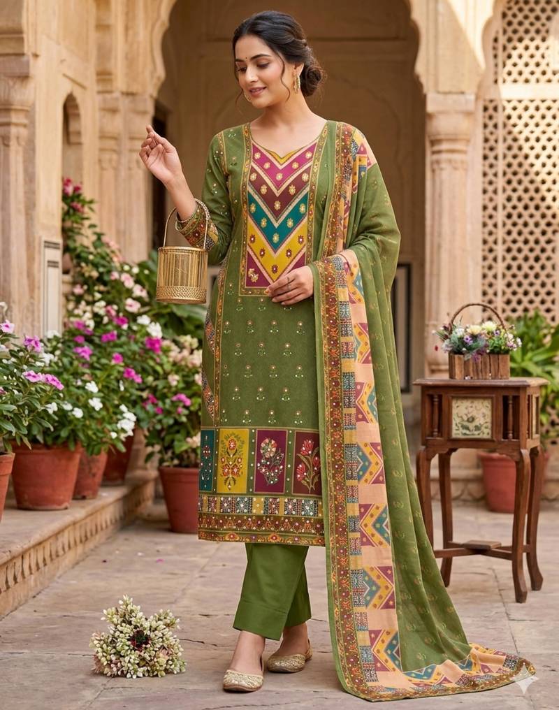 Green digital printed with real mirror-work kurta set