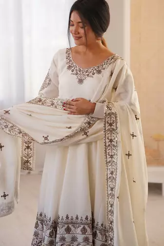 White Color Embroidery Sequence Work Roman Silk Gown Set