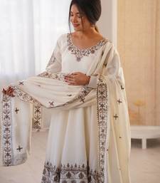 White Color Embroidery Sequence Work Roman Silk Gown Set