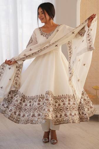 White Color Embroidery Sequence Work Roman Silk Gown Set