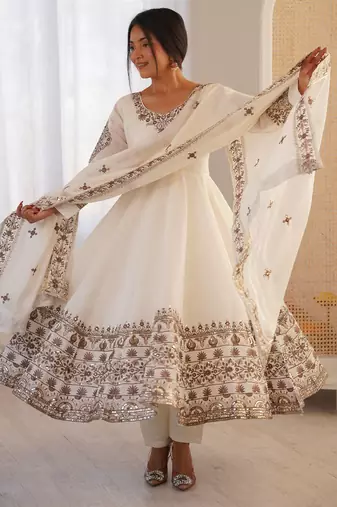 White Color Embroidery Sequence Work Roman Silk Gown Set