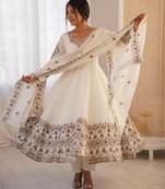 White Color Embroidery Sequence Work Roman Silk Gown Set
