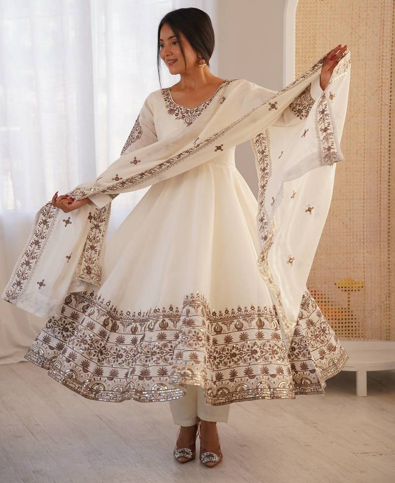 White Color Embroidery Sequence Work Roman Silk Gown Set