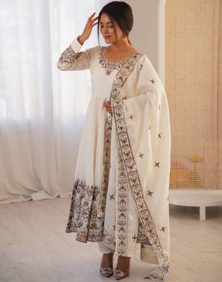 White Color Embroidery Sequence Work Roman Silk Gown Set 3