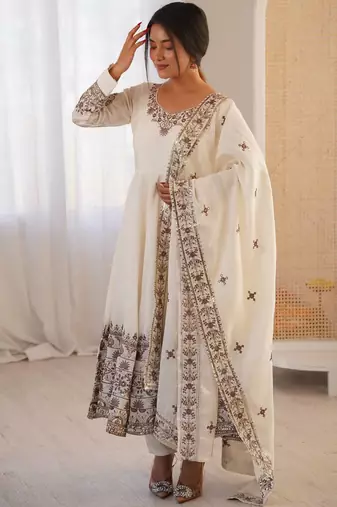 White Color Embroidery Sequence Work Roman Silk Gown Set