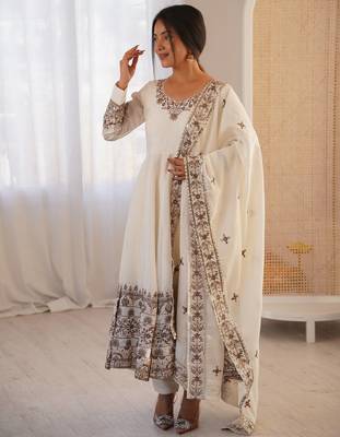 White Color Embroidery Sequence Work Roman Silk Gown Set 4