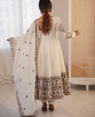 White Color Embroidery Sequence Work Roman Silk Gown Set 5