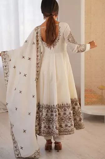 White Color Embroidery Sequence Work Roman Silk Gown Set