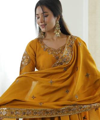 Yellow Color Embroidery Sequence Work Roman Silk Gown Set 2