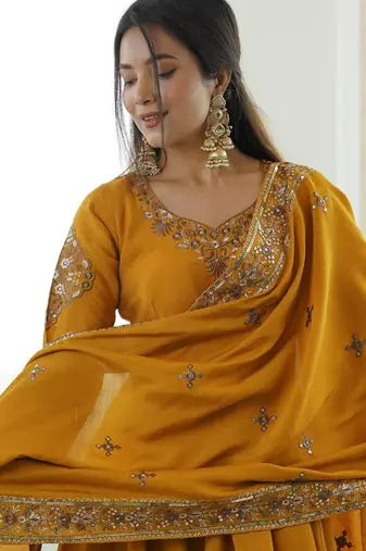 Yellow Color Embroidery Sequence Work Roman Silk Gown Set
