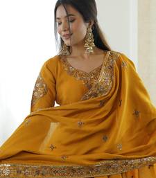 Yellow Color Embroidery Sequence Work Roman Silk Gown Set