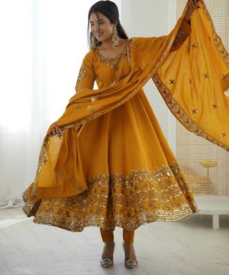 Yellow Color Embroidery Sequence Work Roman Silk Gown Set 3