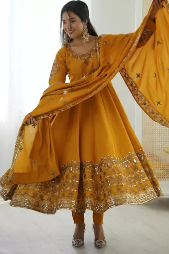 Yellow Color Embroidery Sequence Work Roman Silk Gown Set