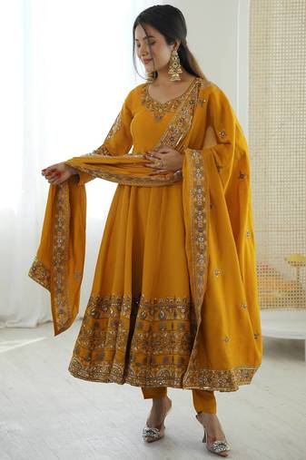 Yellow Color Embroidery Sequence Work Roman Silk Gown Set
