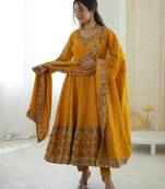 Yellow Color Embroidery Sequence Work Roman Silk Gown Set