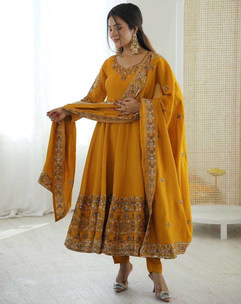 Yellow Color Embroidery Sequence Work Roman Silk Gown Set
