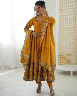 Yellow Color Embroidery Sequence Work Roman Silk Gown Set 4