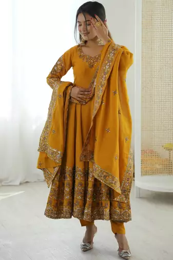 Yellow Color Embroidery Sequence Work Roman Silk Gown Set