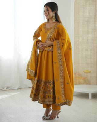 Yellow Color Embroidery Sequence Work Roman Silk Gown Set 5