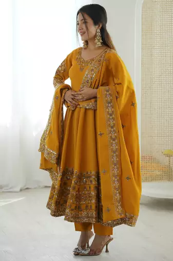 Yellow Color Embroidery Sequence Work Roman Silk Gown Set