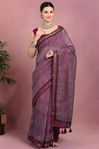 women's geometric print cotton blend saree -magenta