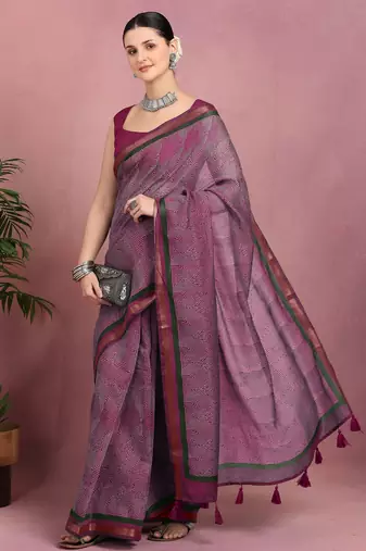 women's geometric print cotton blend saree -magenta
