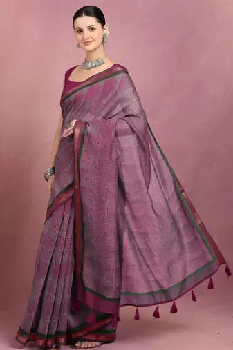women's geometric print cotton blend saree -magenta