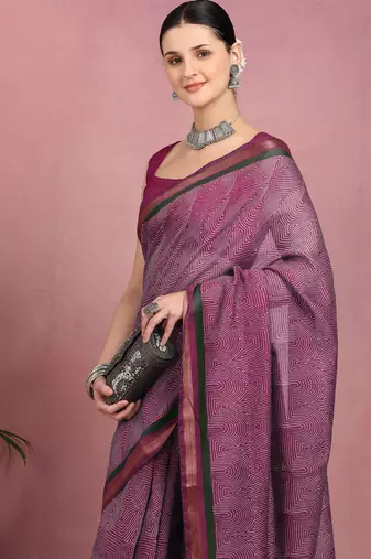 women's geometric print cotton blend saree -magenta