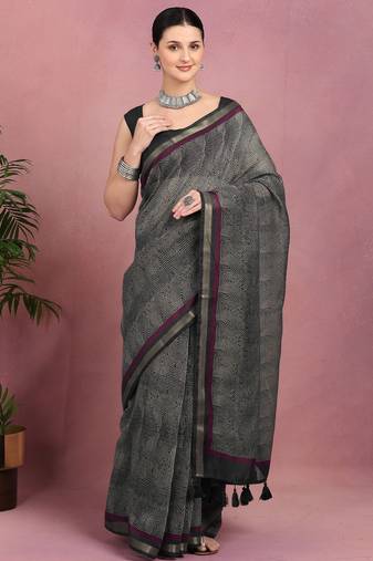 women's geometric print cotton blend saree -black
