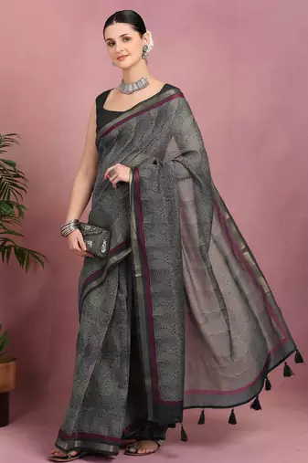 women's geometric print cotton blend saree -black