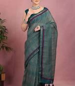 women's geometric print cotton blend saree -teal
