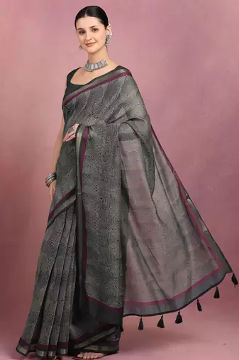 women's geometric print cotton blend saree -black