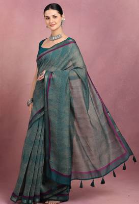 women's geometric print cotton blend saree -teal 2