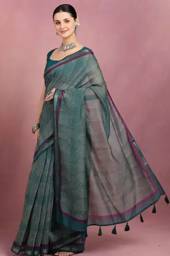 women's geometric print cotton blend saree -teal