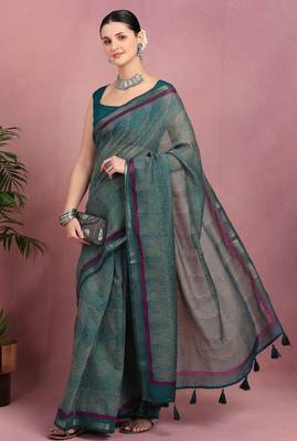 women's geometric print cotton blend saree -teal 3